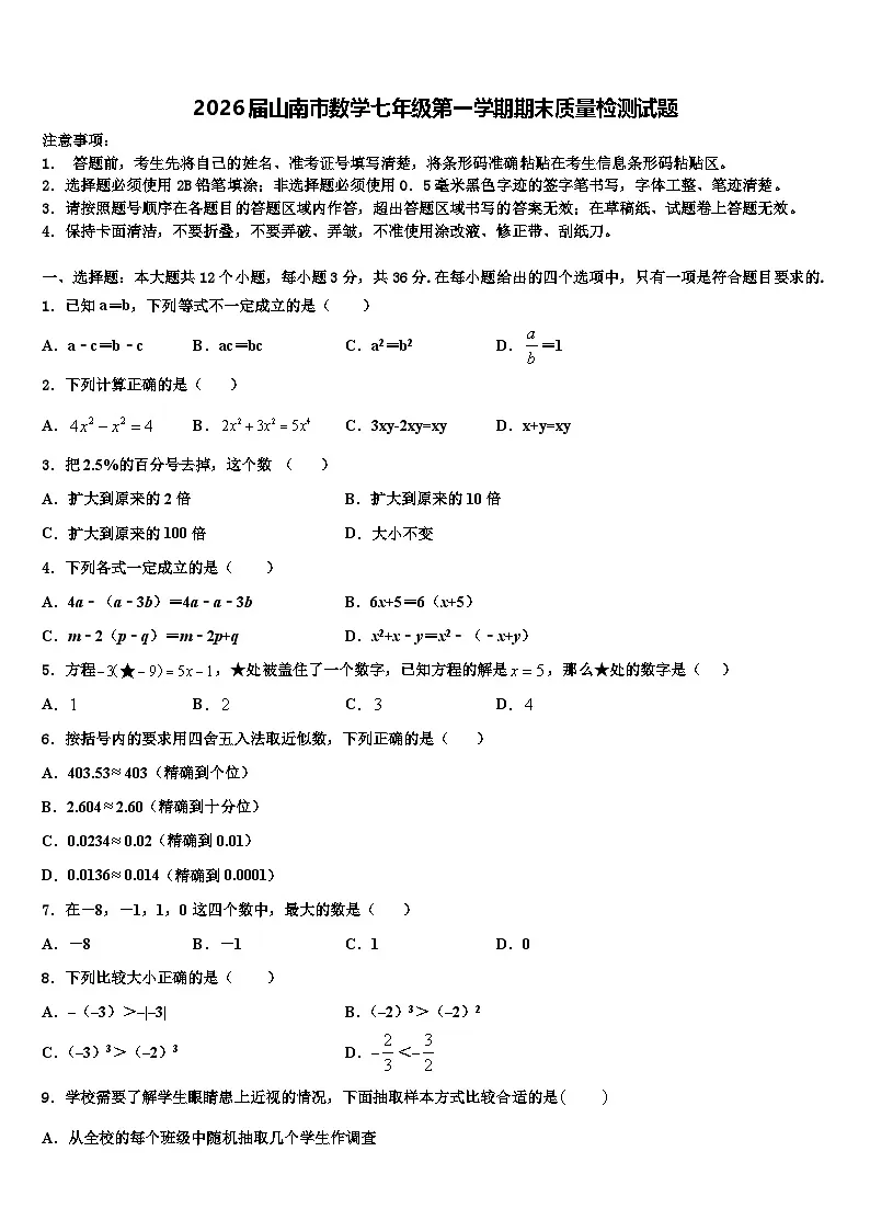 2026届山南市数学七年级第一学期期末质量检测试题含解析第1页