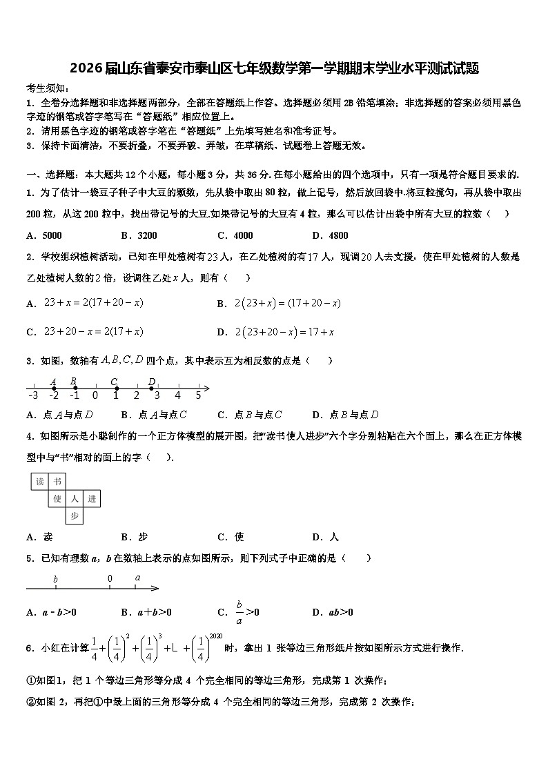 2026届山东省泰安市泰山区七年级数学第一学期期末学业水平测试试题含解析第1页