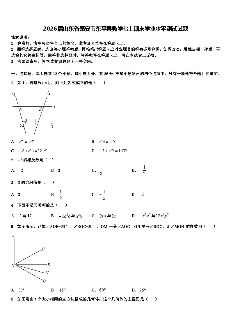 2026届山东省泰安市东平县数学七上期末学业水平测试试题含解析第1页