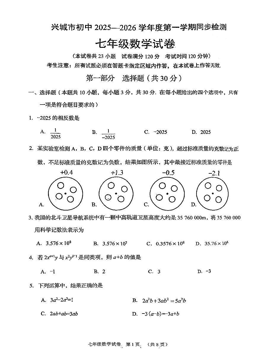辽宁省葫芦岛市兴城市2025-2026学年第一学期七年级数学期中试卷（无答案）第1页