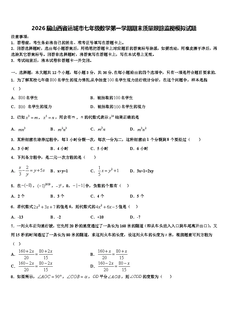 2026届山西省运城市七年级数学第一学期期末质量跟踪监视模拟试题含解析第1页
