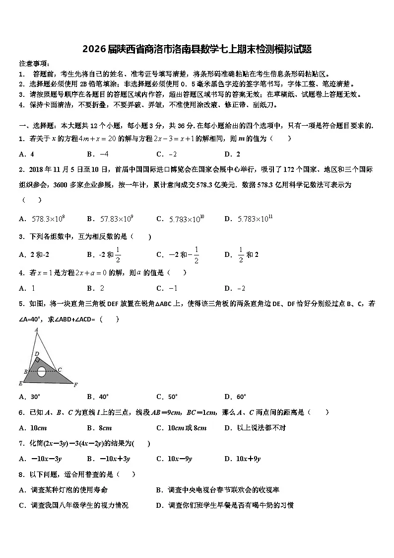 2026届陕西省商洛市洛南县数学七上期末检测模拟试题含解析第1页