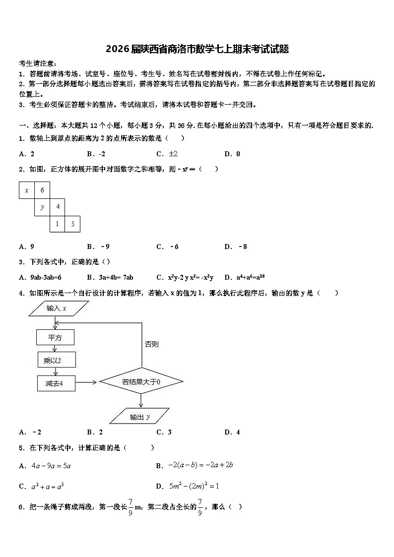 2026届陕西省商洛市数学七上期末考试试题含解析第1页