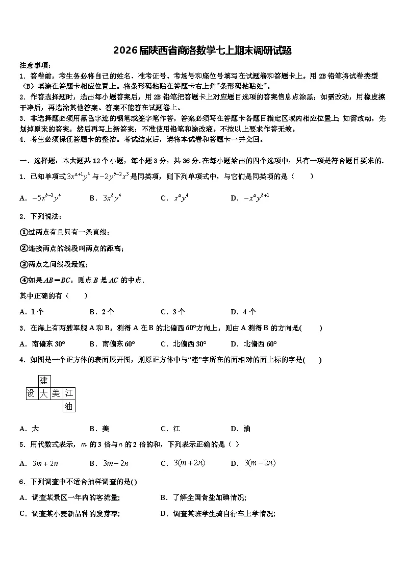 2026届陕西省商洛数学七上期末调研试题含解析第1页