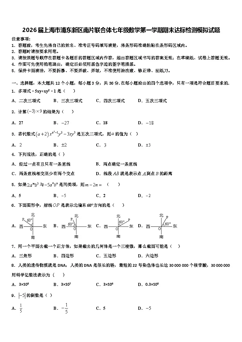 2026届上海市浦东新区南片联合体七年级数学第一学期期末达标检测模拟试题含解析第1页