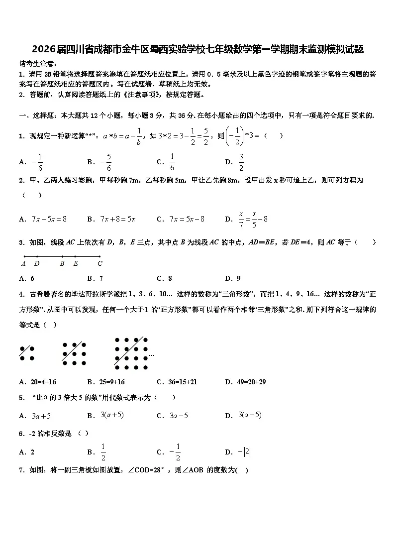 2026届四川省成都市金牛区蜀西实验学校七年级数学第一学期期末监测模拟试题含解析第1页