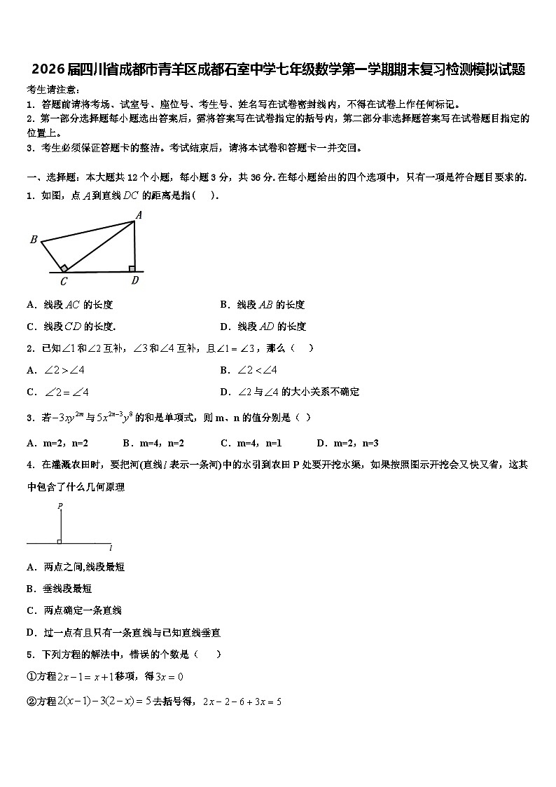 2026届四川省成都市青羊区成都石室中学七年级数学第一学期期末复习检测模拟试题含解析第1页