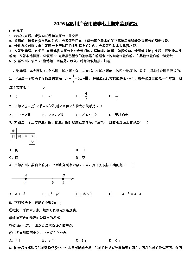 2026届四川广安市数学七上期末监测试题含解析第1页
