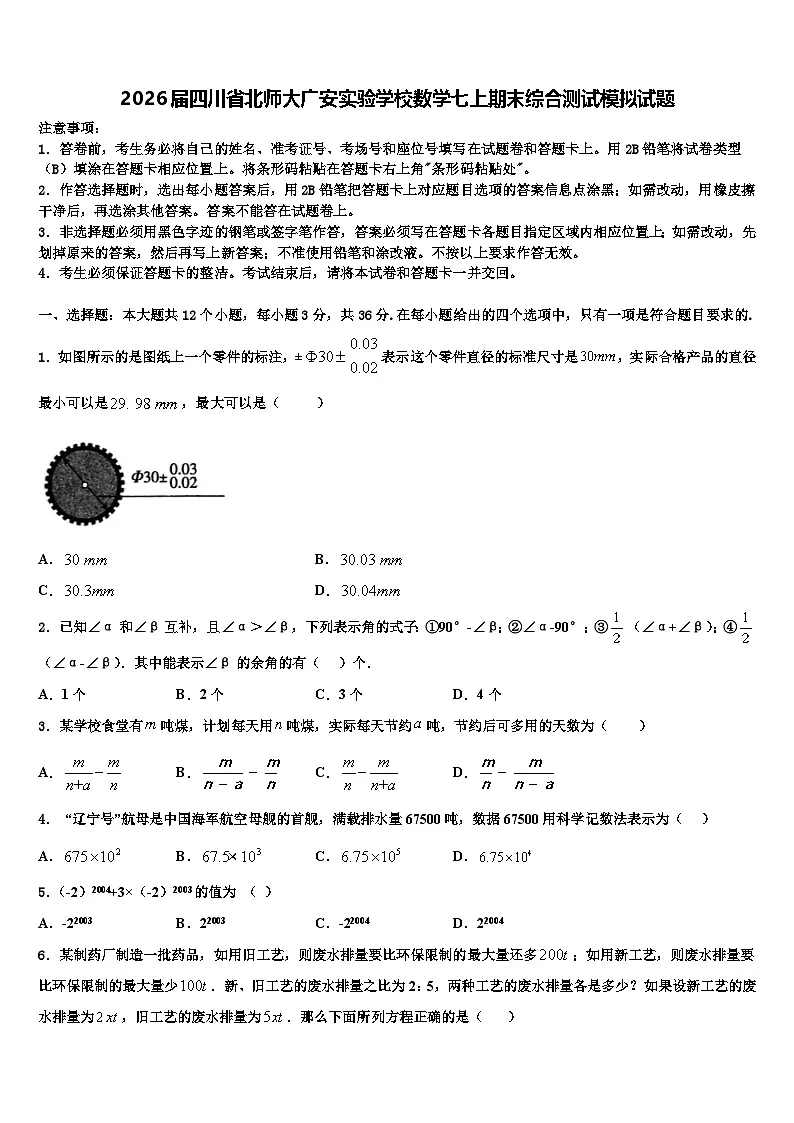 2026届四川省北师大广安实验学校数学七上期末综合测试模拟试题含解析第1页