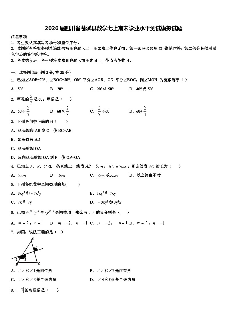 2026届四川省苍溪县数学七上期末学业水平测试模拟试题含解析第1页