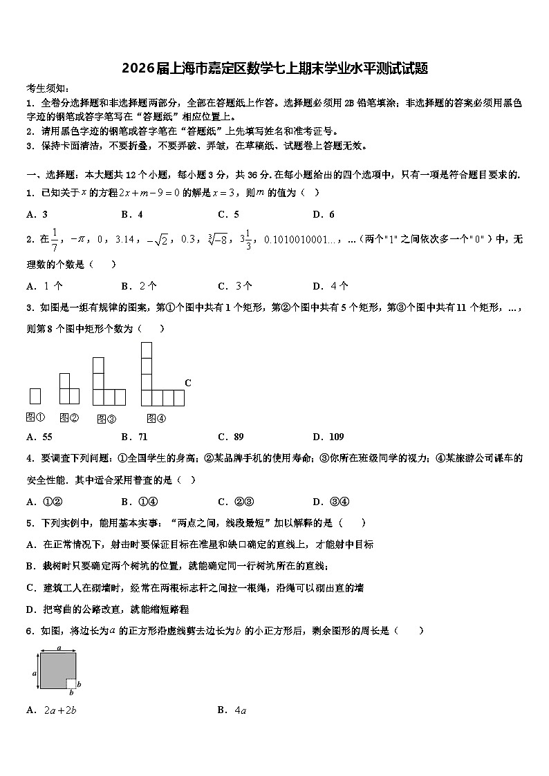 2026届上海市嘉定区数学七上期末学业水平测试试题含解析第1页