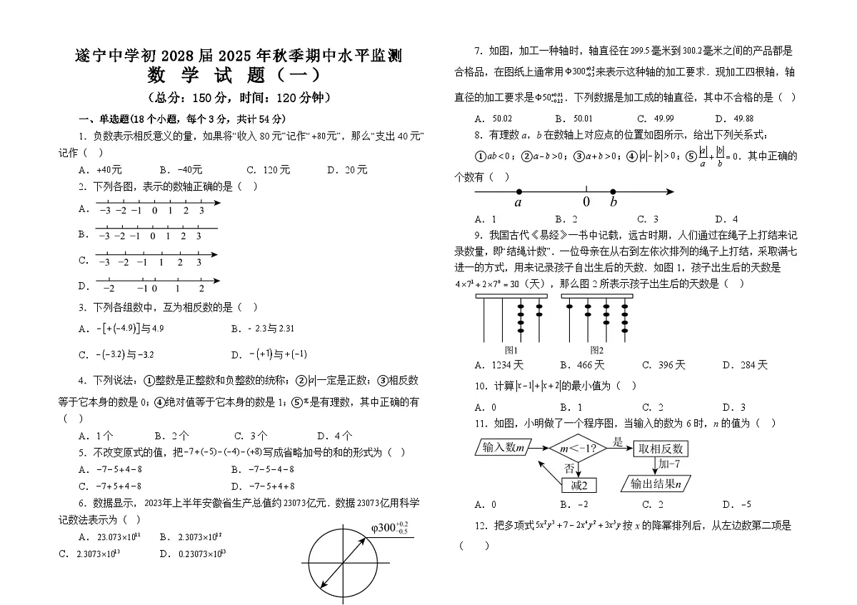 四川省遂宁中学2025年下期期中考试初一 数学试题含答案A第1页