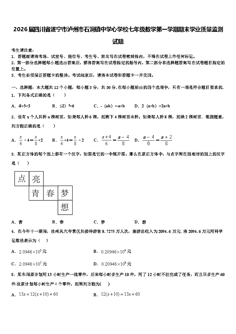 2026届四川省遂宁市泸州市石洞镇中学心学校七年级数学第一学期期末学业质量监测试题含解析第1页