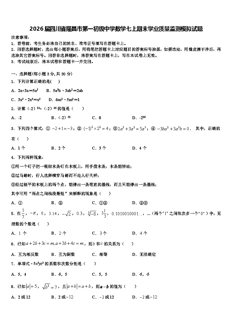 2026届四川省隆昌市第一初级中学数学七上期末学业质量监测模拟试题含解析第1页
