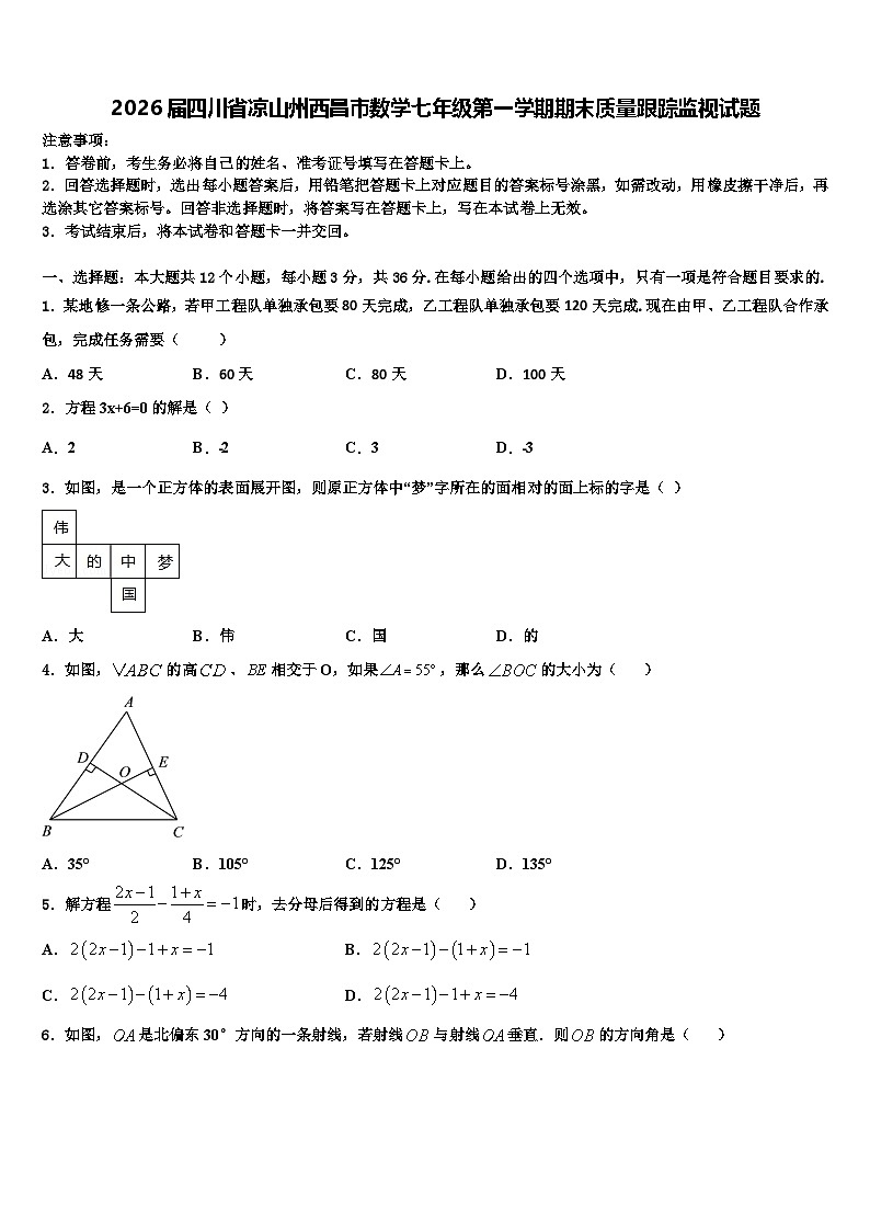 2026届四川省凉山州西昌市数学七年级第一学期期末质量跟踪监视试题含解析第1页
