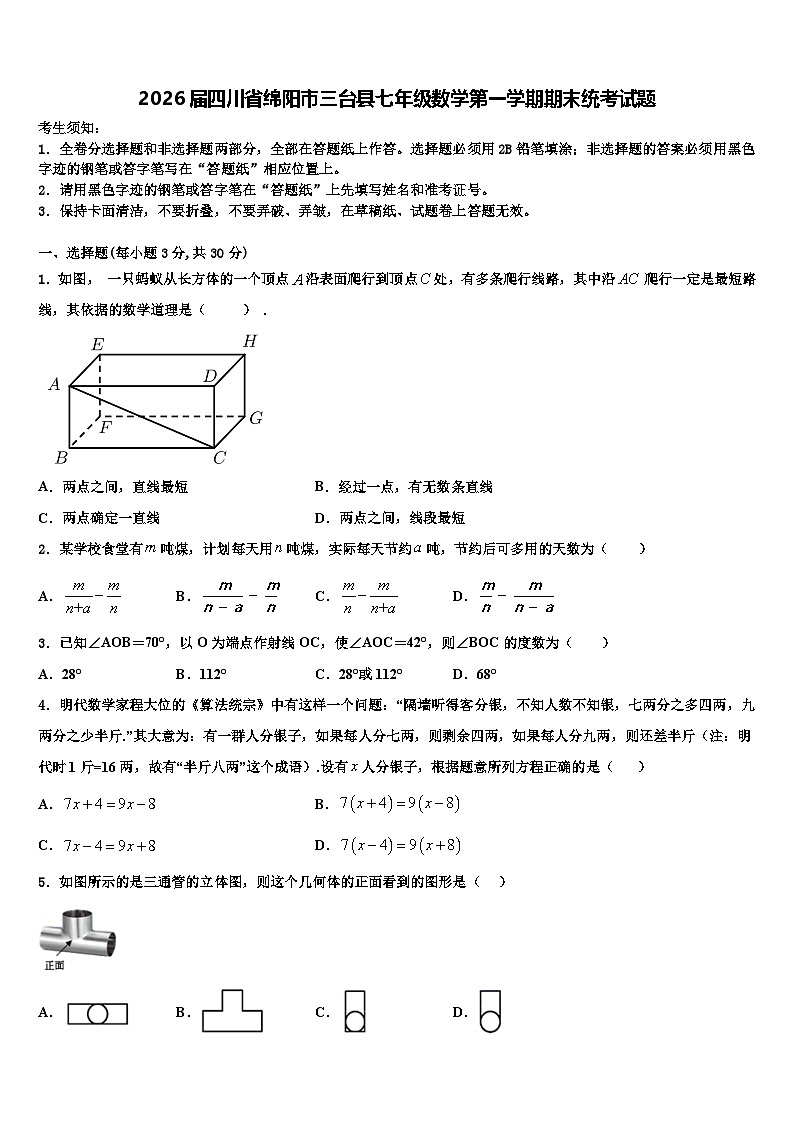 2026届四川省绵阳市三台县七年级数学第一学期期末统考试题含解析第1页
