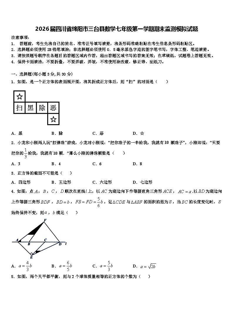 2026届四川省绵阳市三台县数学七年级第一学期期末监测模拟试题含解析第1页
