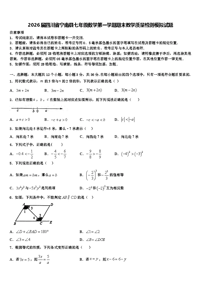 2026届四川省宁南县七年级数学第一学期期末教学质量检测模拟试题含解析第1页
