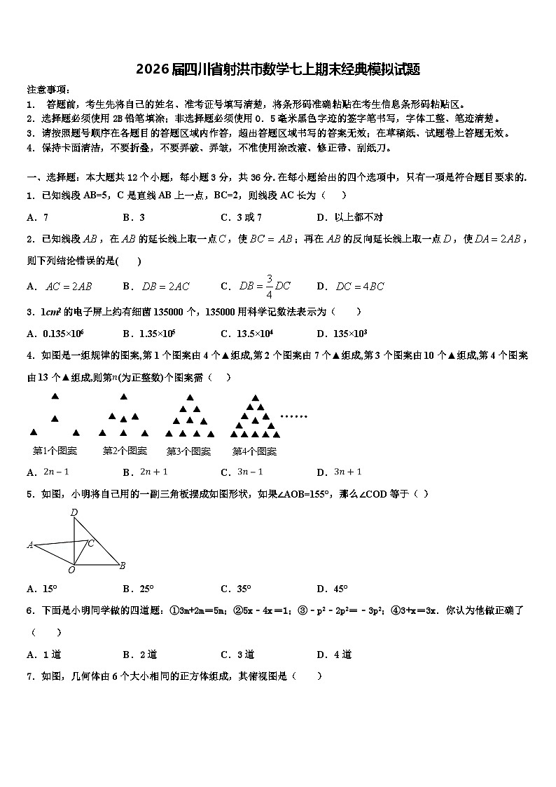 2026届四川省射洪市数学七上期末经典模拟试题含解析第1页