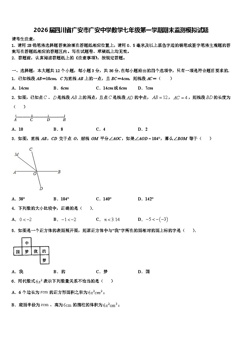 2026届四川省广安市广安中学数学七年级第一学期期末监测模拟试题含解析第1页