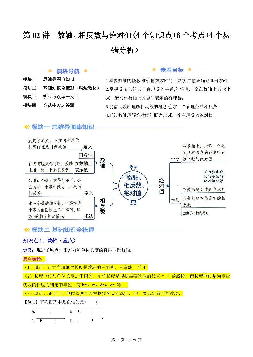 2024版人教版七年级上册数学期末专项练习第02讲数轴、相反数与绝对值解析版第1页