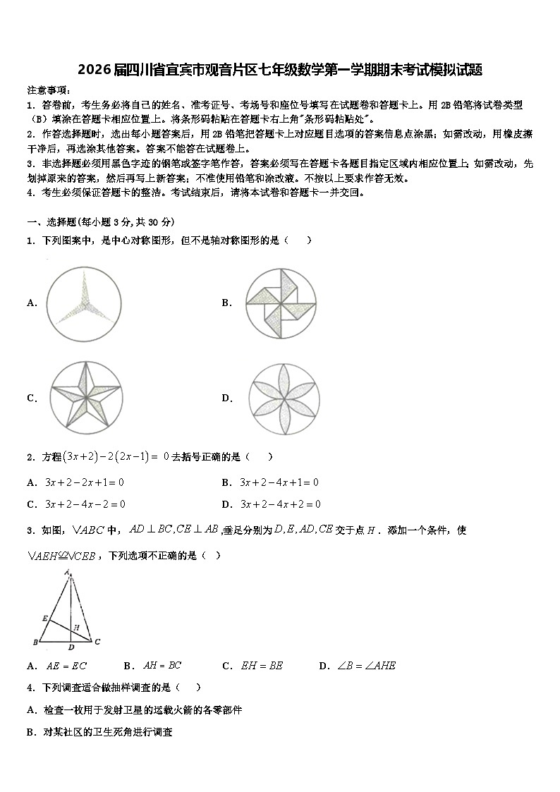 2026届四川省宜宾市观音片区七年级数学第一学期期末考试模拟试题含解析第1页