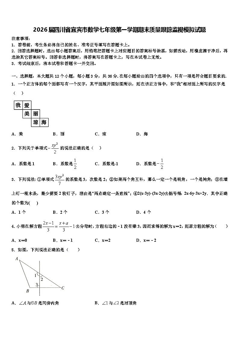 2026届四川省宜宾市数学七年级第一学期期末质量跟踪监视模拟试题含解析第1页