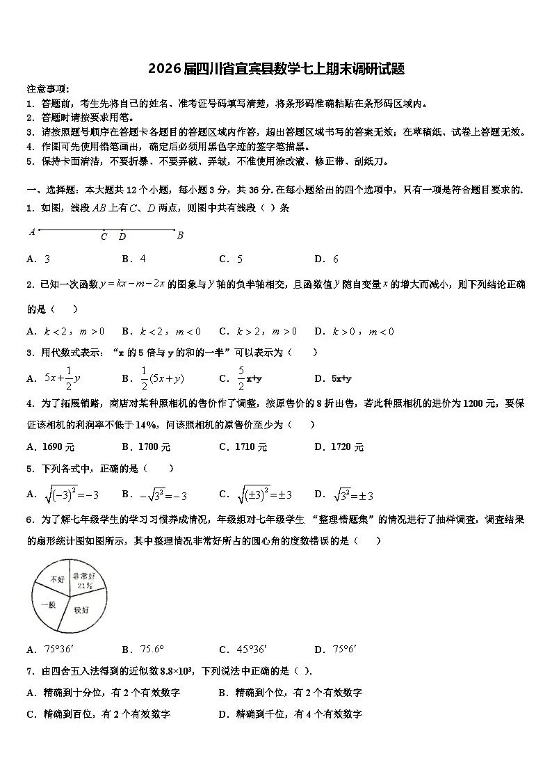 2026届四川省宜宾县数学七上期末调研试题含解析第1页