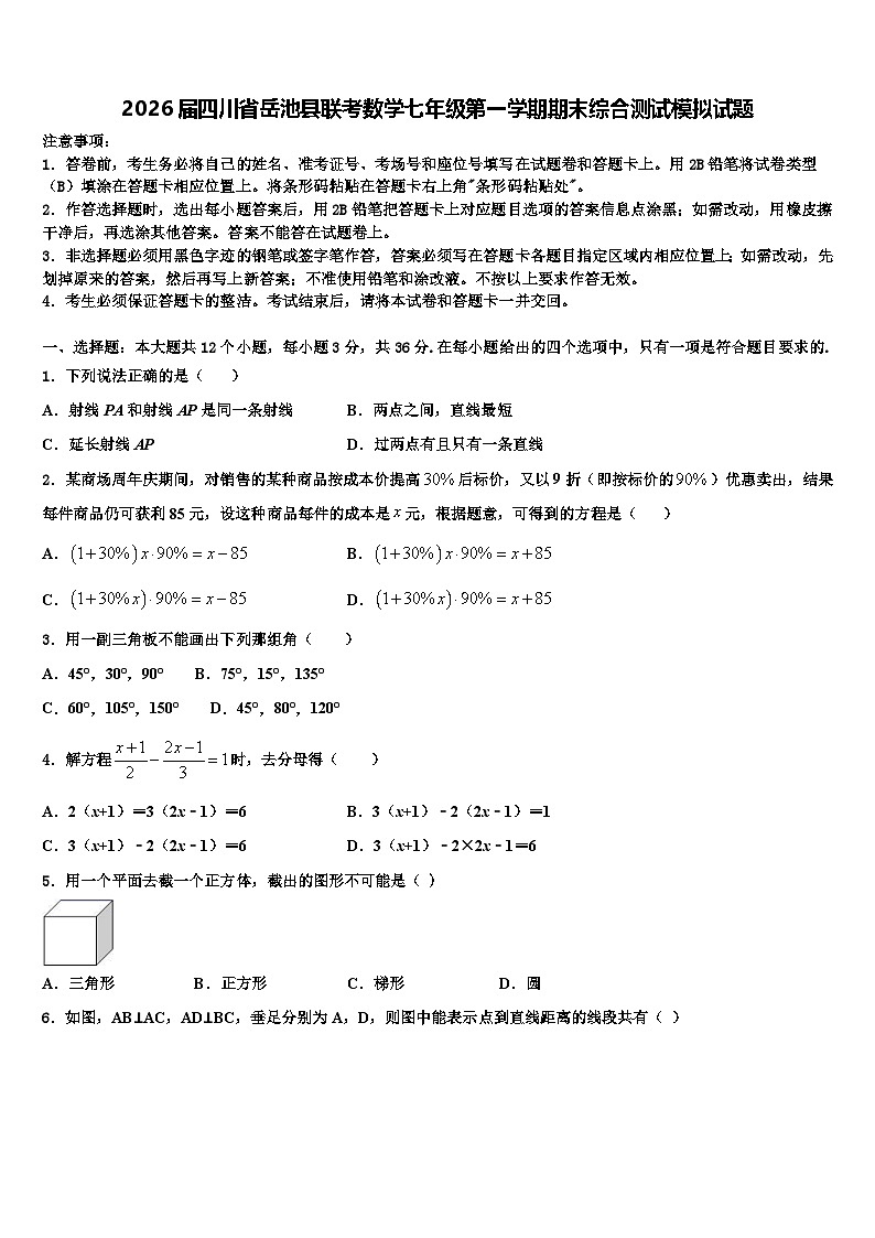 2026届四川省岳池县联考数学七年级第一学期期末综合测试模拟试题含解析第1页