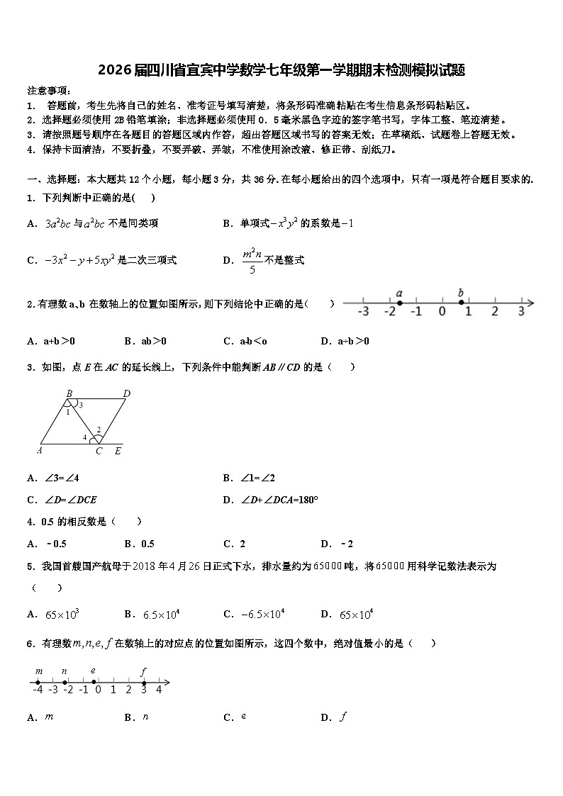 2026届四川省宜宾中学数学七年级第一学期期末检测模拟试题含解析第1页