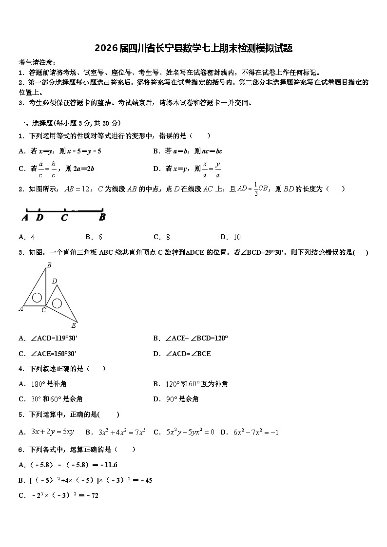 2026届四川省长宁县数学七上期末检测模拟试题含解析第1页