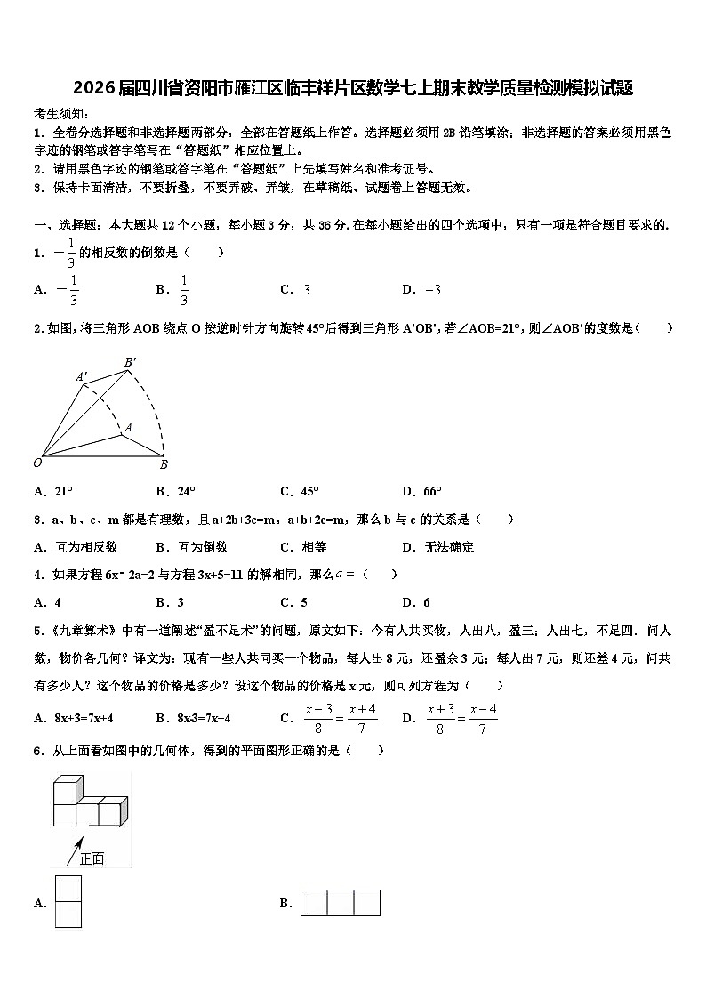 2026届四川省资阳市雁江区临丰祥片区数学七上期末教学质量检测模拟试题含解析第1页