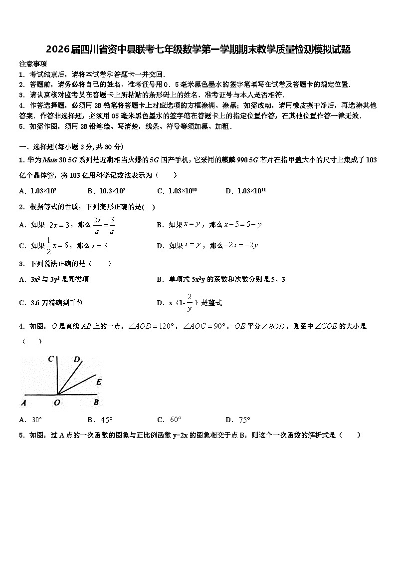 2026届四川省资中县联考七年级数学第一学期期末教学质量检测模拟试题含解析第1页
