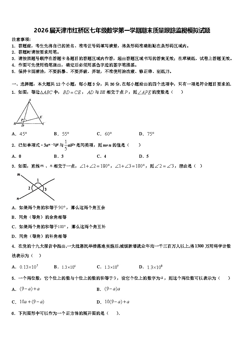 2026届天津市红桥区七年级数学第一学期期末质量跟踪监视模拟试题含解析第1页