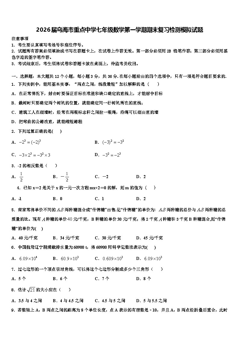 2026届乌海市重点中学七年级数学第一学期期末复习检测模拟试题含解析第1页