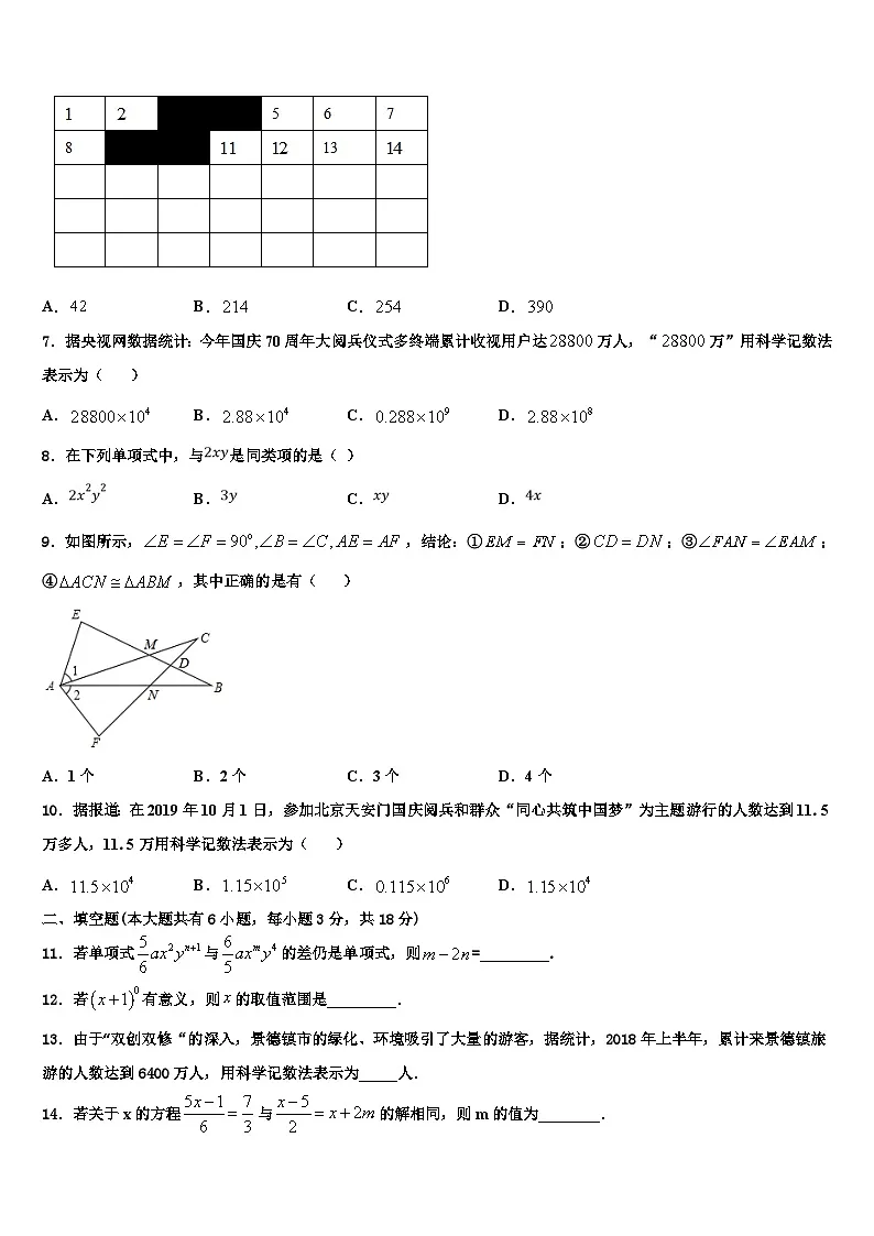 2026届乌海市重点中学数学七年级第一学期期末调研试题含解析第2页