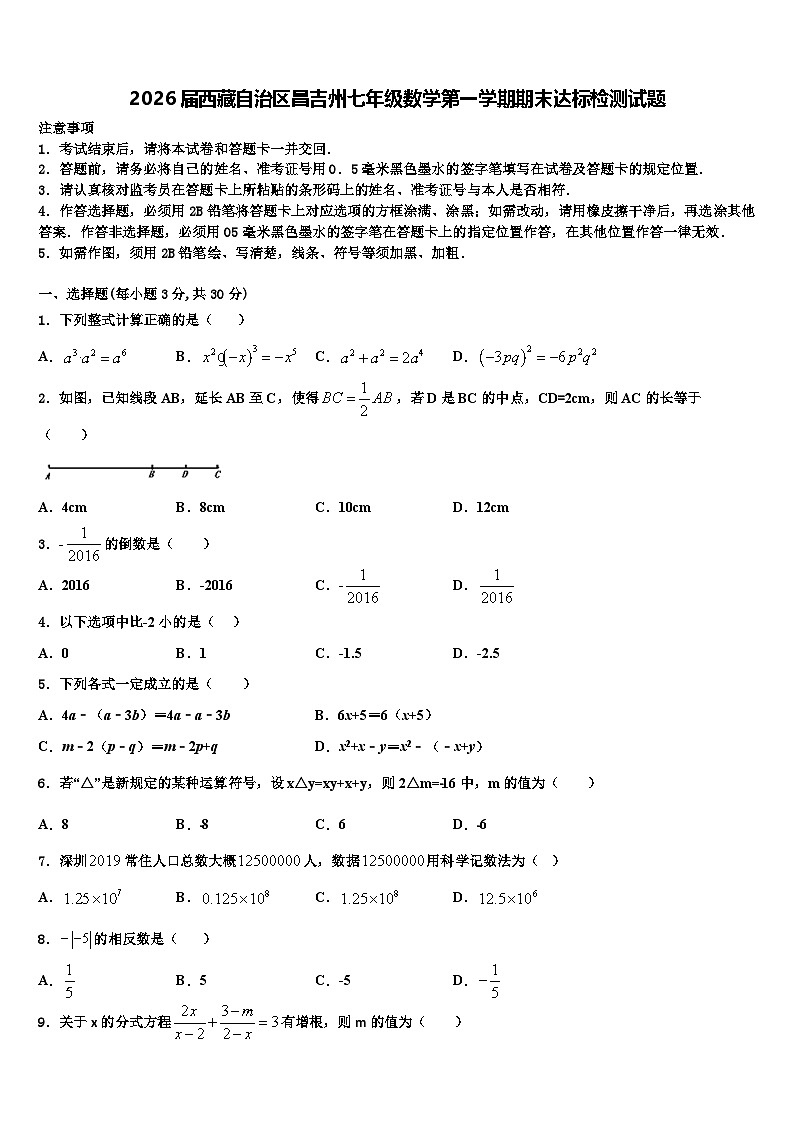 2026届西藏自治区昌吉州七年级数学第一学期期末达标检测试题含解析第1页