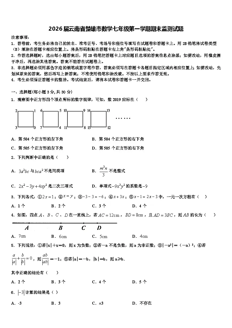2026届云南省楚雄市数学七年级第一学期期末监测试题含解析第1页