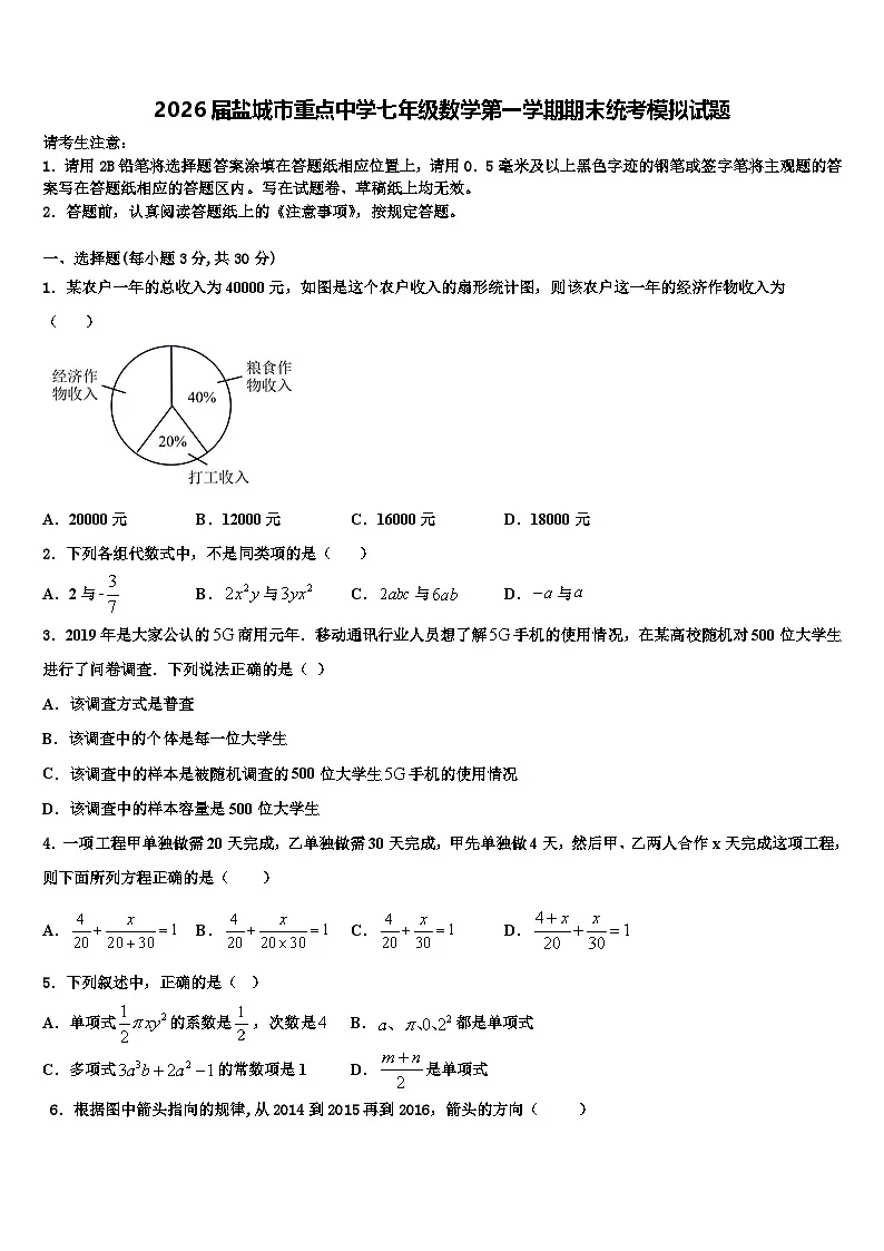2026届盐城市重点中学七年级数学第一学期期末统考模拟试题含解析第1页