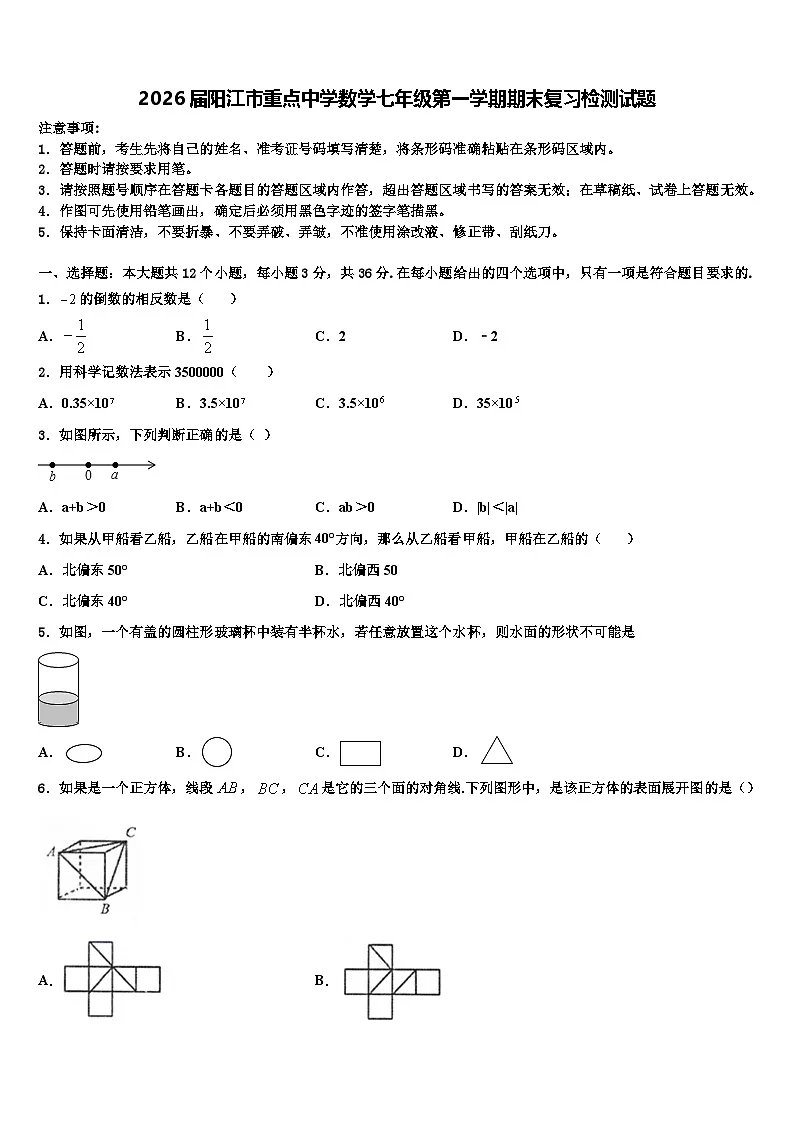 2026届阳江市重点中学数学七年级第一学期期末复习检测试题含解析第1页