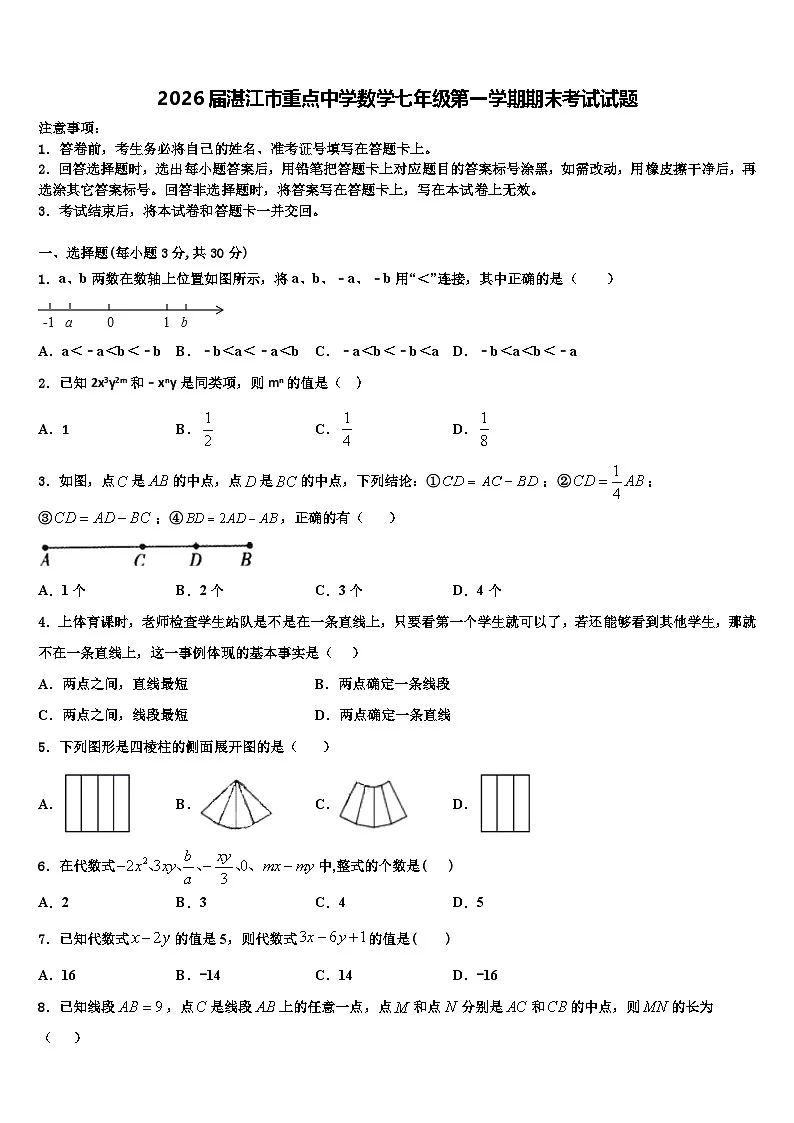 2026届湛江市重点中学数学七年级第一学期期末考试试题含解析第1页