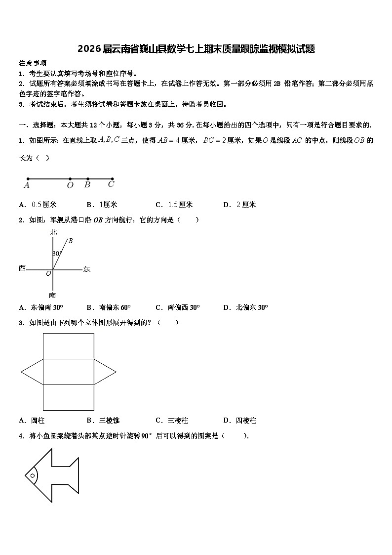 2026届云南省巍山县数学七上期末质量跟踪监视模拟试题含解析第1页