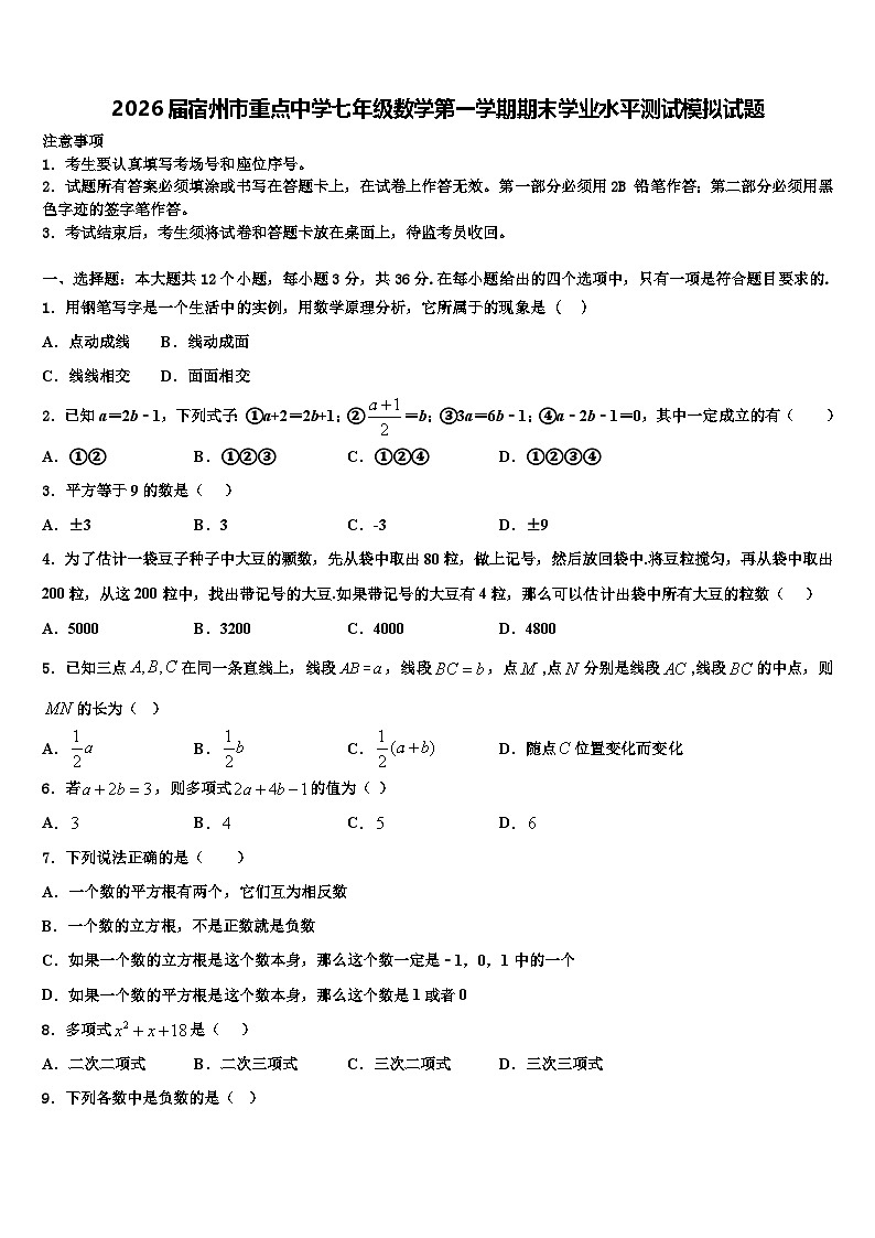 2026届宿州市重点中学七年级数学第一学期期末学业水平测试模拟试题含解析第1页