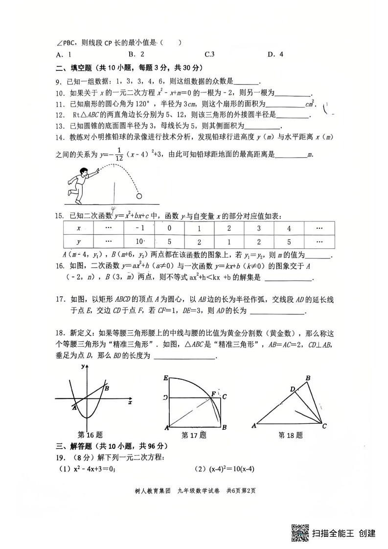 江苏省扬州市树人集团2024-2025学年九年级上学期1月期末数学试题第2页