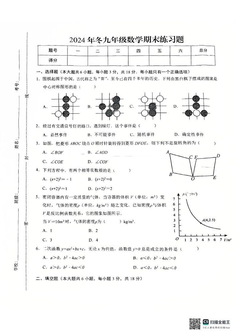 江西省赣州市瑞金市2024—2025学年上学期期末考试九年级数学试题第1页