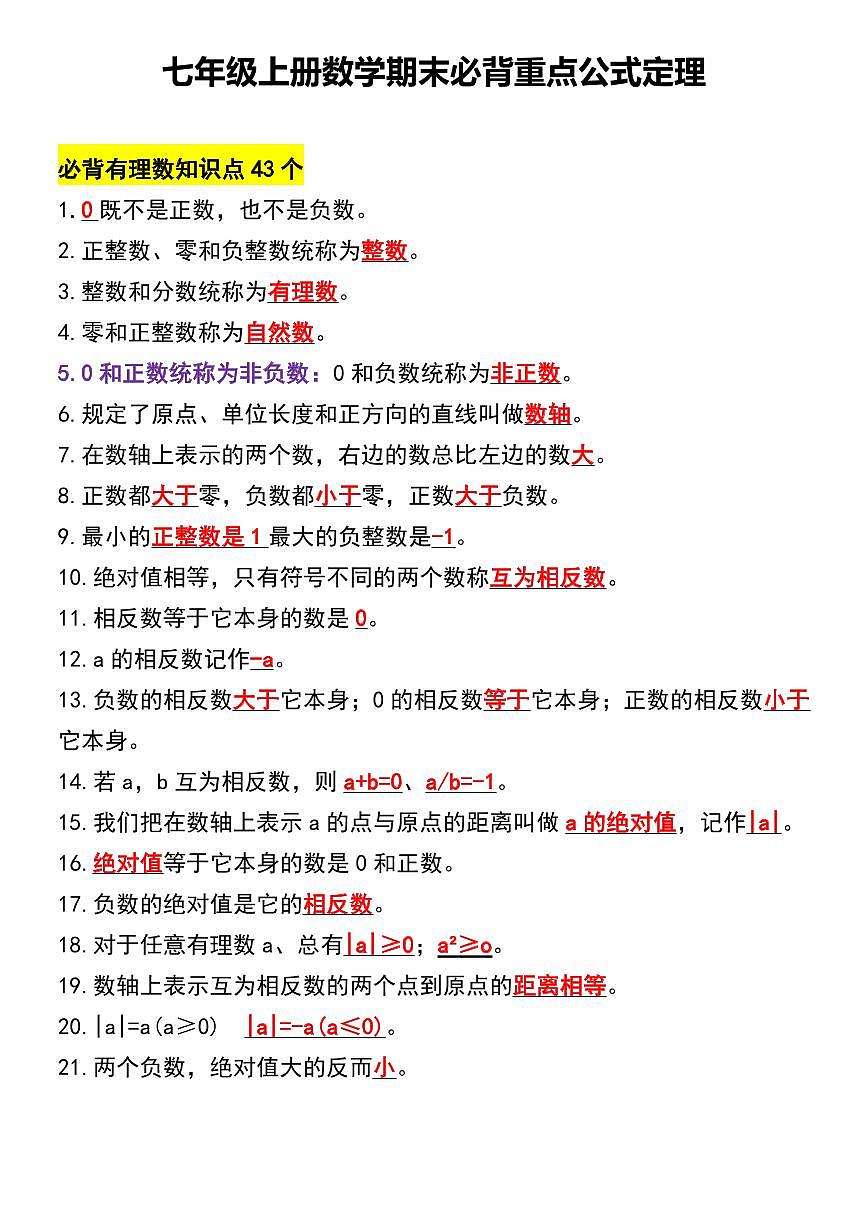 2024版人教版七年级上册数学期末必背重点知识点公式定理汇总第1页