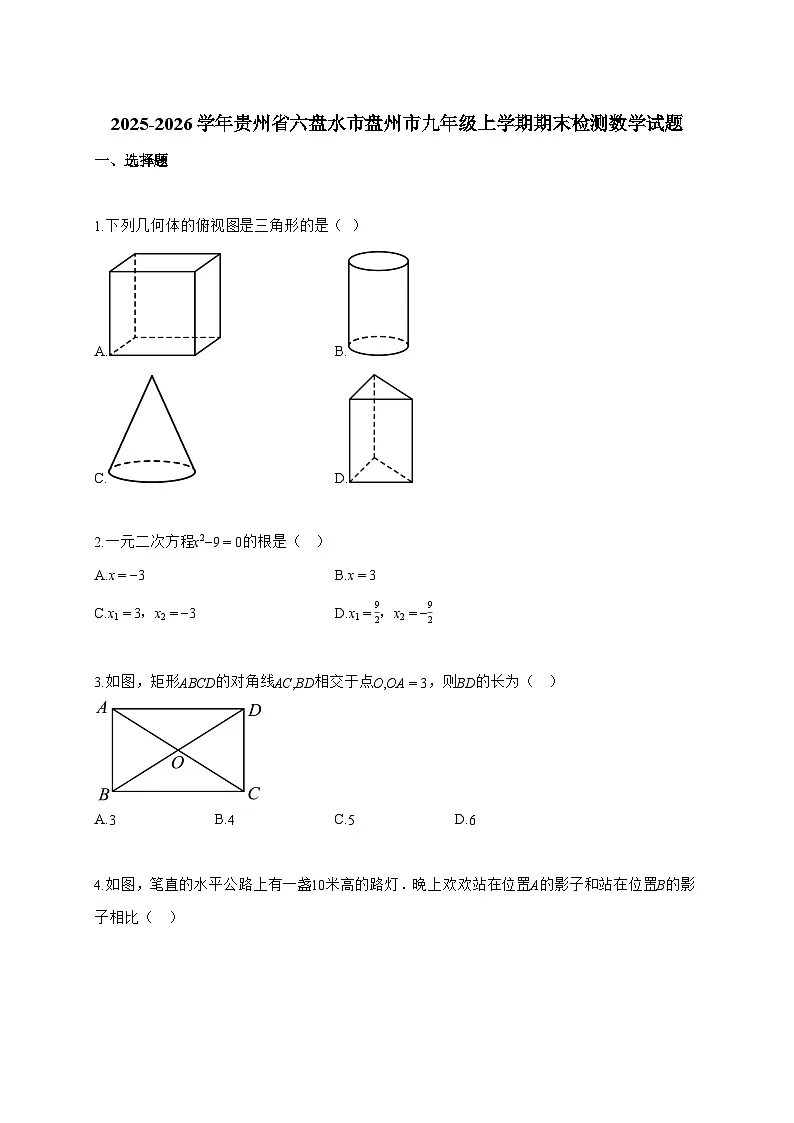 2025~2026学年贵州省六盘水市盘州市九年级上学期期末检测数学试卷【附解析】第1页
