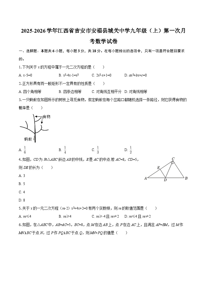 2025-2026学年江西省吉安市安福县城关中学九年级（上）第一次月考数学试卷-自定义类型第1页