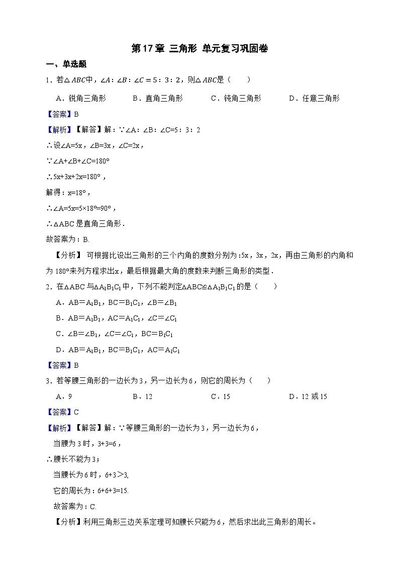 第17章 三角形 单元复习巩固卷（解析版）第1页