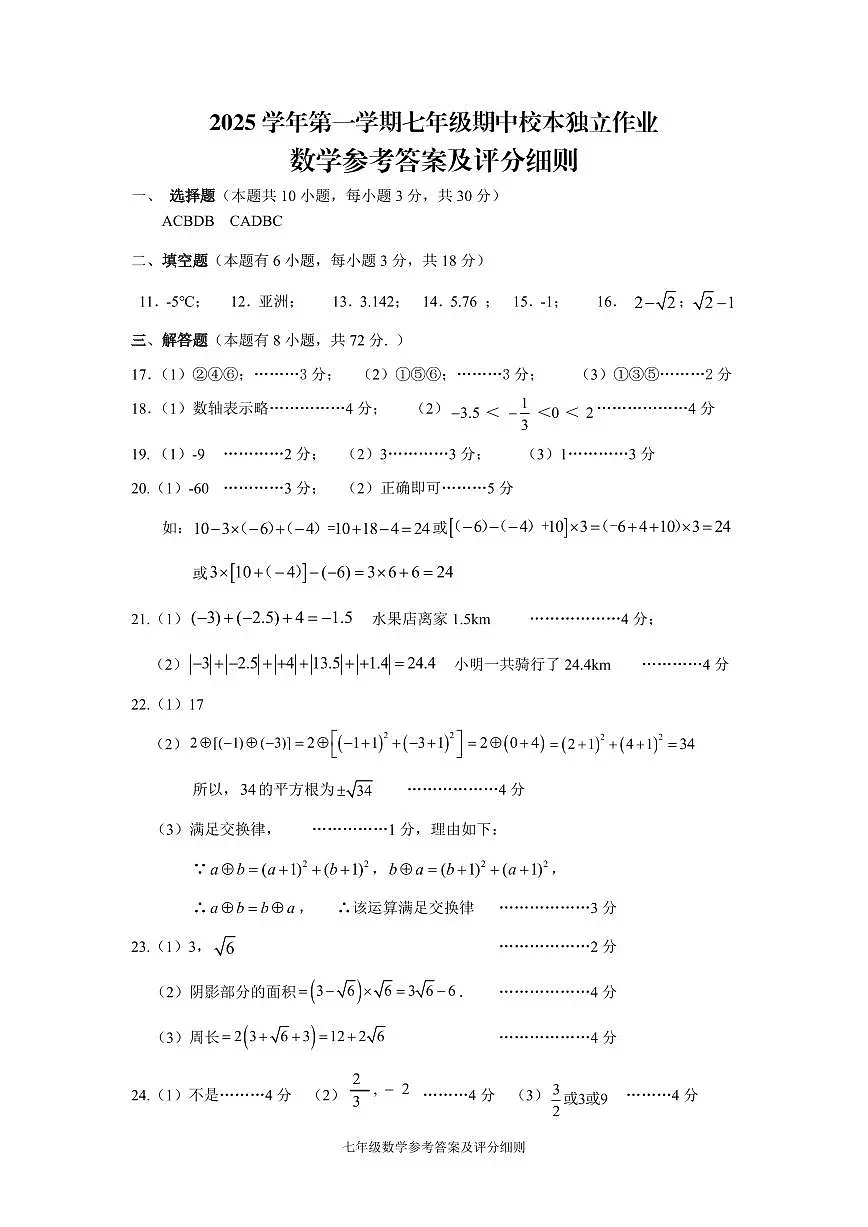 25.11浙江省金华市2025-2026学年第一学期四校联考七年级期中考试数学试卷参考答案第1页